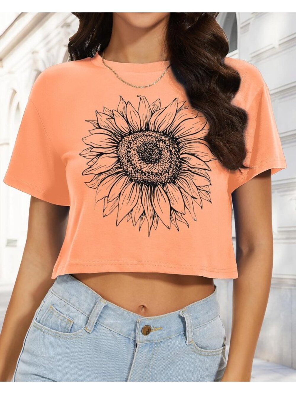 〽️Women Orange Sunflower Short Sleeve Round Neck Loos Fit Casual Summer Crop Top